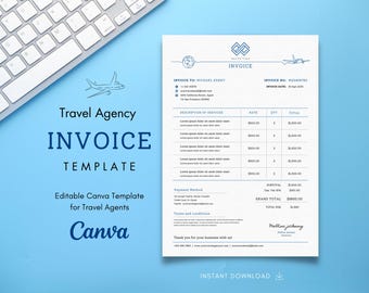 Elegancki szablon faktury agencji turystycznej dla agentów i doradców podróży – w pełni edytowalny w Canva – natychmiastowe pobranie