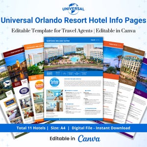 Modelo de páginas de informações do Universal Orlando Resort Hotel para agentes de viagens, totalmente editável no CANVA – Inclui 11 hotéis com próximos resorts
