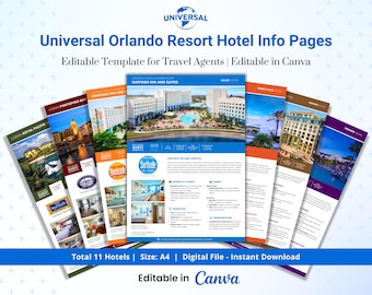 Universal Orlando Resort Hotel Info Pages Template for Travel Agents, Fully Editable in CANVA – Includes 11 Hotels with Upcoming Resorts
