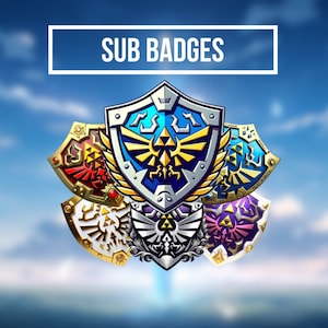 May include: Five different coloured shields with a stylised design of a bird with wings and a triangle. The text "SUB BADGES" is in a white rectangle at the top of the image.
