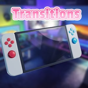 May include: A white and grey handheld gaming console with a transparent screen. The console has red and blue buttons on the sides. The word "Transitions" is written in pink letters above the console.