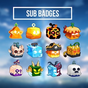 Könnte beinhalten: Eine Sammlung von zwölf farbenfrohen Sub-Badges im Cartoon-Stil. Jedes Abzeichen hat ein einzigartiges Design mit verschiedenen Formen und Charakteren, darunter Kürbisse, Totenköpfe und Würfel. Der Text "SUB BADGES" wird oben angezeigt.