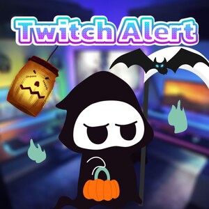 May include: A Halloween-themed Twitch alert graphic featuring a cartoon Grim Reaper holding a pumpkin and a scythe with a bat on it. The background is a blurred image of a gaming setup with a monitor, keyboard, and mouse.