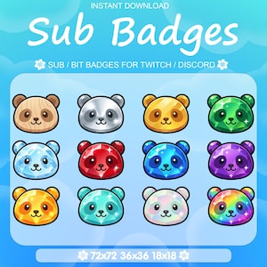 Peut inclure: Graphique de téléchargement numérique avec douze badges panda de différentes couleurs et textures de type gemme. Le texte "Sub Badges" est affiché en grandes lettres bleues stylisées. L'image comprend également le texte "SUB / BIT BADGES FOR TWITCH / DISCORD" et des informations sur la taille des badges.