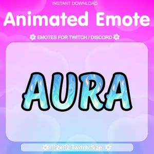 Könnte beinhalten: Animierter Emote-Grafik mit dem Wort "AURA" in einer fetten, schwarzen Umrisschrift. Die Buchstaben sind mit einem blauen und türkisfarbenen Flammenmuster gefüllt. Der Hintergrund ist ein Farbverlauf aus Pink und Lila.