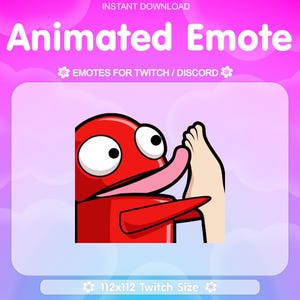 Op de afbeelding: Geanimeerde Emote-afbeelding met een rood stripfiguur dat een voet likt. De afbeelding bevat de tekst "Animated Emote" en "Emotes for Twitch / Discord". De afbeelding is van 112x112 Twitch-formaat.