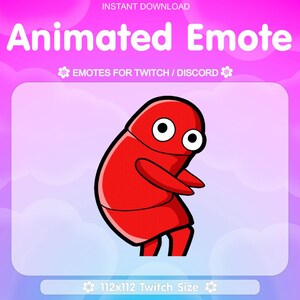 Könnte beinhalten: Grafik für animierte Emotes mit einer roten Figur mit großen weißen Augen und schwarzer Umrandung. Die Figur befindet sich in einer Tanzpose. Der Text "Animated Emote" steht oben, darunter "Emotes for Twitch / Discord". Die Größe beträgt 112x112.