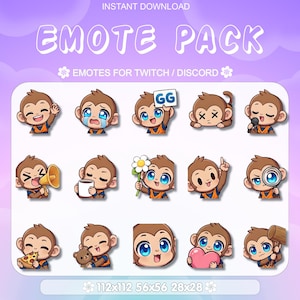 Könnte beinhalten: Ein digitales Emote-Paket mit verschiedenen Cartoon-Affen-Illustrationen. Jeder Affe hat einen anderen Ausdruck oder hält einen Gegenstand, wie ein Mikrofon oder eine Blume. Der Text "EMOTE PACK" steht oben.