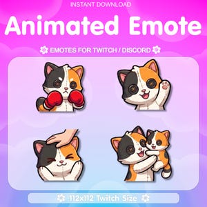 Könnte beinhalten: Ein Set aus vier animierten Emotes, die ein Glückskatzen-Stofftier mit Knopfaugen zeigen. Die Emotes zeigen die Katze mit roten Boxhandschuhen, beim Winken, beim Streicheln und wie sie ein kleineres Kätzchen hält. Text: "Animated Emote" und "112x112 Twitch Size".