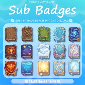 Peut inclure: Graphique numérique présentant douze badges en forme de livre avec divers thèmes, notamment le bois, le feu, l'espace, les nuages, l'eau et les plumes. Le texte "Sub Badges" et "Instant Download" est affiché en haut. Le texte "SUB / BIT BADGES FOR TWITCH / DISCORD" est également inclus.