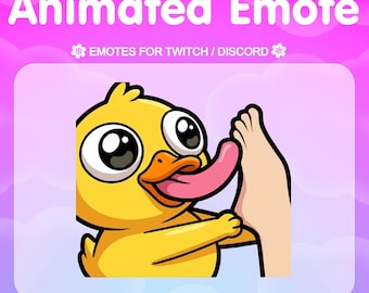 May include: Animated Emote graphic showing a yellow cartoon duck with a long pink tongue licking a foot. The text "Animated Emote" is at the top, with "EMOTES FOR TWITCH / DISCORD" below. The graphic is sized for 112x112 Twitch use.
