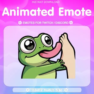 Könnte beinhalten: Animierter Emote-Grafik mit einem grünen Frosch, der seine rosa Zunge herausstreckt und einen Fuß berührt. Der Text lautet "Animated Emote" und "Emotes for Twitch / Discord". Der Hintergrund ist rosa und lila.
