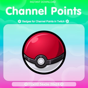 Op de afbeelding: Een rode en witte Pokébal met een zwarte ring in het midden. De Pokébal is een populair symbool in de Pokémon-franchise. De afbeelding bevat de tekst "Channel Points" en "Badges for Channel Points in Twitch".