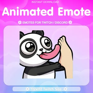 Peut inclure: Graphique d'emote animée avec un panda à la longue langue rose léchant un pied. Le panda est noir et blanc avec de grands yeux. Le texte indique "Animated Emote" et "Emotes pour Twitch / Discord". Le graphique mesure 112x112 pixels.