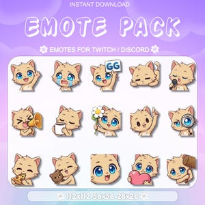 Könnte beinhalten: Ein digitales Emote-Paket mit verschiedenen Cartoon-Katzen-Illustrationen. Die Emotes zeigen Katzen mit unterschiedlichen Ausdrücken und halten Gegenstände wie ein Megaphon und eine Blume. Der Text lautet "EMOTE PACK" und "EMOTES FOR TWITCH / DISCORD".