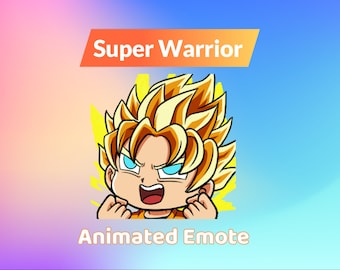 May include: Animated emote of a super warrior with yellow hair and blue eyes, wearing a yellow and orange outfit, with the text "Super Warrior" above and "Animated Emote" below.