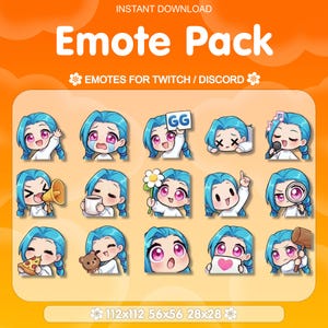 Puede incluir: Gráfico naranja con el texto "INSTANT DOWNLOAD Emote Pack" y "EMOTES FOR TWITCH / DISCORD". La imagen presenta una colección de emoticonos de dibujos animados con cabello azul y varias expresiones, sosteniendo objetos como una flor, pizza y una lupa.