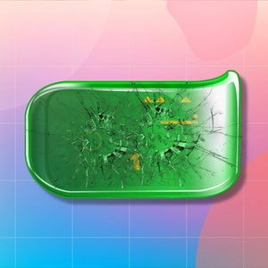 Puede incluir: Un bot&oacute;n rectangular de vidrio verde con una superficie agrietada. El bot&oacute;n tiene un s&iacute;mbolo amarillo en el centro.