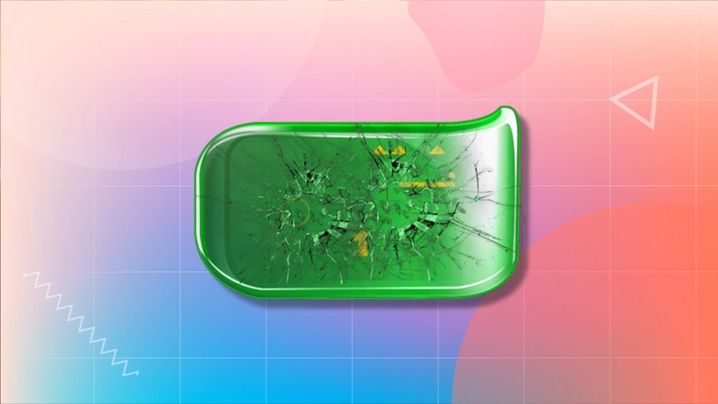Puede incluir: Un bot&oacute;n rectangular de vidrio verde con una superficie agrietada. El bot&oacute;n tiene un s&iacute;mbolo amarillo en el centro.
