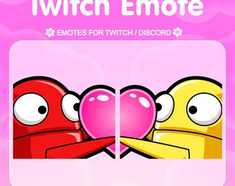 May include: A digital graphic featuring a red and yellow cartoon character holding a pink heart. The text "Twitch Emote" is displayed at the top, with "EMOTES FOR TWITCH / DISCORD" below. The image is set against a pink background.