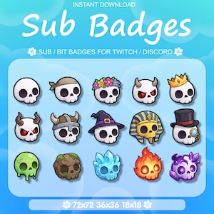 Könnte beinhalten: Ein digitales Download-Grafik mit Schädel-Sub-Badges für Twitch und Discord. Jeder Schädel hat ein einzigartiges Design, darunter ein Bandana, ein Blumenkranz, Hörner und ein Hexenhut. Der Text "Sub Badges" ist enthalten.
