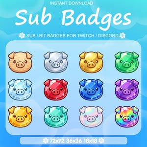 Könnte beinhalten: Ein digitales Grafikdesign mit zwölf Schweinchen-Abzeichen in verschiedenen Farben und Edelstein-Texturen. Der Text "Sub Badges" steht oben, darunter "SUB / BIT BADGES FOR TWITCH / DISCORD". Die Bildgröße ist ebenfalls angegeben.
