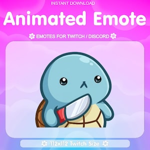 Pode incluir: Gráfico de Emote Animado para Twitch e Discord. A imagem apresenta uma tartaruga de desenho animado azul claro segurando uma faca. O texto "Animated Emote" está no topo, com "Emotes for Twitch / Discord" abaixo. A imagem tem 112x112 pixels.