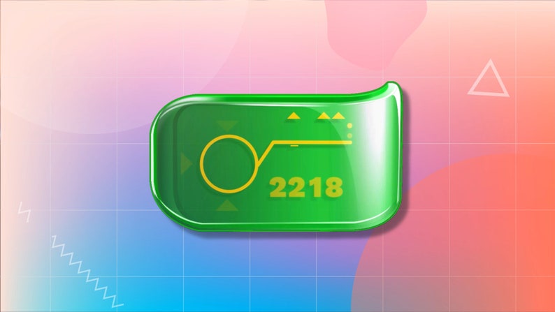 Puede incluir: Un bot&oacute;n verde de vidrio con un c&iacute;rculo amarillo, una l&iacute;nea y tri&aacute;ngulos. El n&uacute;mero 2218 est&aacute; impreso en amarillo en el bot&oacute;n.