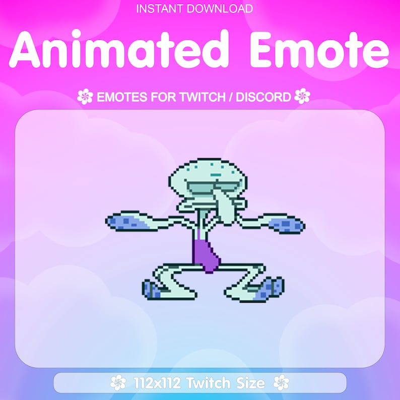 May include: Animated Twitch or Discord emote featuring a blue and purple pixelated character with a surprised expression. The character is in a squatting pose with arms outstretched. The emote is 112x112 pixels.
