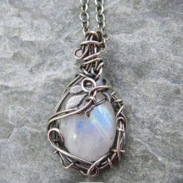 Moonstone necklace. Wire Wrapped Waterdrop Shape Moonstone Pendant Necklace. June Birthday stone.
