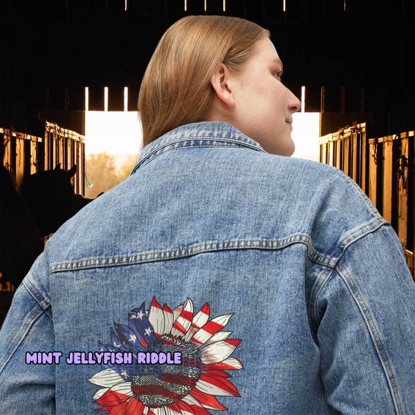 Patriotic USA Denim Jean Jacket 4th July American Flag Embroidered Sunflower Design Celebration Outerwear United States Theme