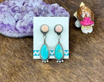 Pink Conch and Kingman Turquoise Sterling Silver 2 Stone Dangle Earring