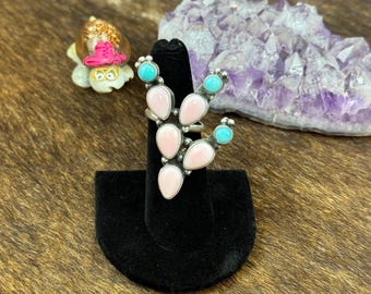 Pink Conch and Kingman Turquoise Cactus Ring