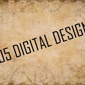 May include: A vintage-style map with the text "205 Digital Designs" printed in black on a beige background.