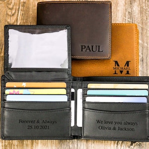 Cartera personalizada para hombre, de cuero genuino marrón oscuro suave, ideal como regalo de cumpleaños o aniversario.