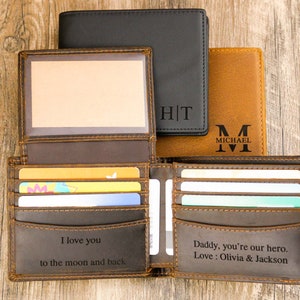 Personalized Fathers Day Gift, Engraved Full Grain Leather Custom Wallet, Anniversary Gift for Him, Mens Wallet, Gift for Dad，photo carving.