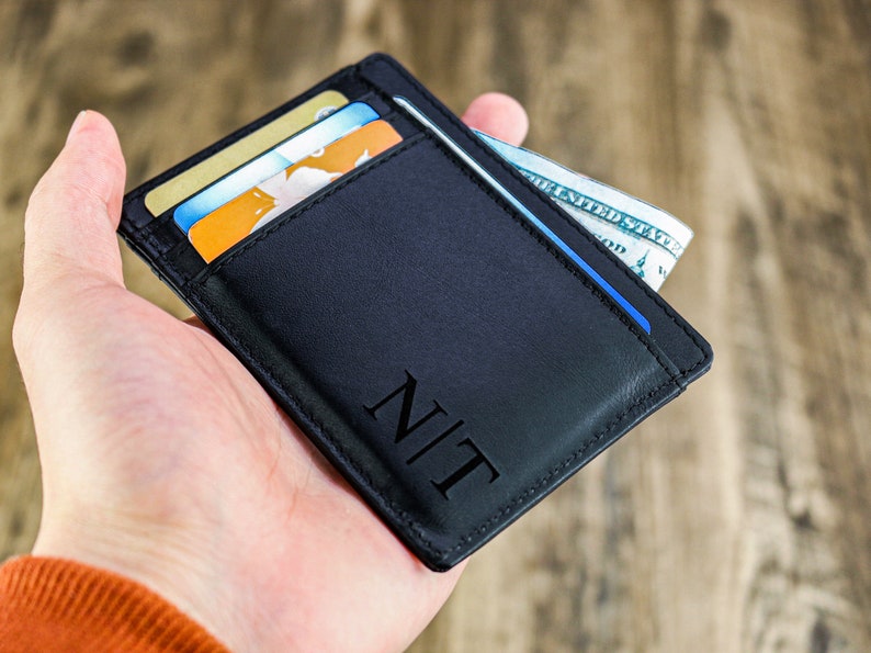 Portafoglio sottile, regalo per la festa del papà, porta carte in pelle minimalista, porta carte personalizzato, portafoglio in pelle, porta carte personalizzato, regalo per lui Schwarz