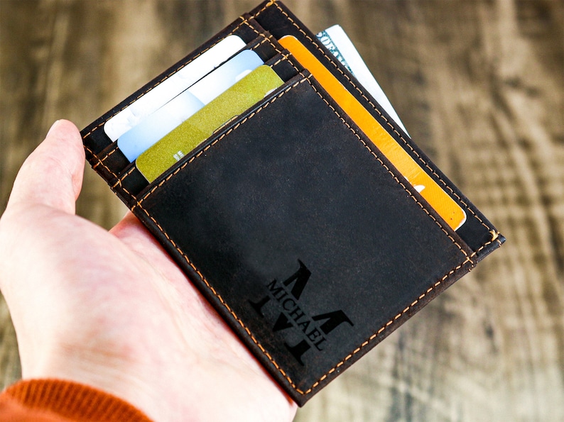 Portafoglio sottile, regalo per la festa del papà, porta carte in pelle minimalista, porta carte personalizzato, portafoglio in pelle, porta carte personalizzato, regalo per lui Dunkelbraun