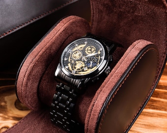 Father's Day Gift | Custom Genuine Leather Watch Case / Dark Brown Travel Watch Box for Men / Personalized Watch Roll Storage Holder
