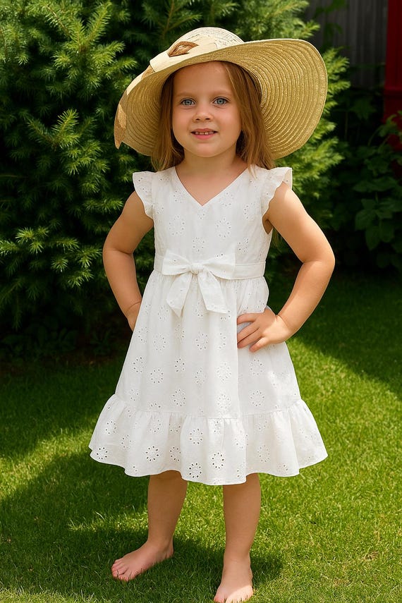 White Eyelet Cotton Dress | Summer Ruffle Dress with Bow | Toddler Girl Birthday Outfit