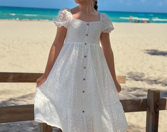 Girls White Eyelet Cotton Dress | Puff Sleeve Boho Midi
