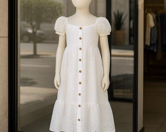 White Eyelet Cotton Girls Dress | Puff Sleeve Midi