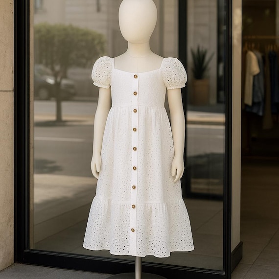 white cotton eyelet puff sleeve midi dress White Cotton Eyelet Puff Sleeve Midi Dress  FARM Rio
