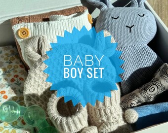 Autumn Baby Shower Gift Set, 8-items Baby Babtism Gift, Knit Unisex Set, Warm Baby Clothes, Knitted Rabbit, Knit Baby Hat 3-6 months