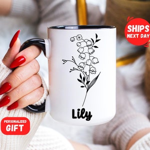 Custom Birth Flower Mug - May Lily of the Valley Personalized Birth Flower Gifts with Name Birth Flower Cup Coffee Mug Gift For Women