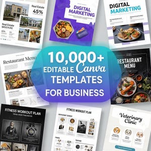Könnte beinhalten: Eine Sammlung bearbeitbarer Canva-Vorlagen für Unternehmen, darunter Immobilienbroschüren, digitale Marketingmaterialien, Restaurantmenüs und Fitness-Trainingspläne. Das Bild zeigt verschiedene Layouts mit Essen, Häusern und Fitnessgeräten. Text enthält "10.000+ bearbeitbare Canva-Vorlagen für Unternehmen."