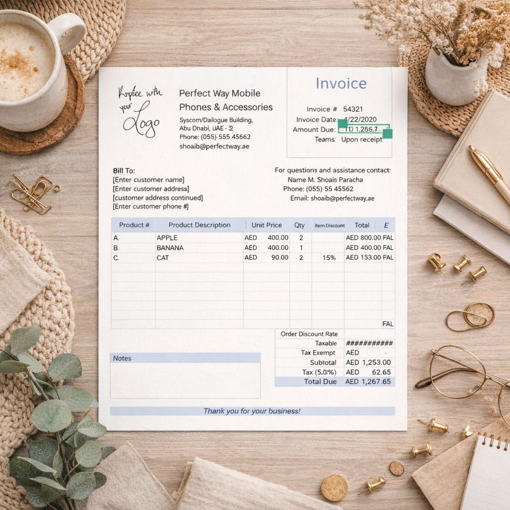 Editable Invoice Template | Excel Word & Google Docs Invoice for Small ...
