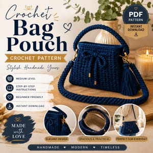 Könnte beinhalten: Eine dunkelblaue Häkeltasche mit geflochtenem Henkel, langem Schulterriemen und einer dekorativen Quaste. Die Tasche hat einen Kordelzug mit goldfarbenen Metallakzenten. Das Bild enthält Text für eine PDF-Häkelanleitung zum sofortigen Download.