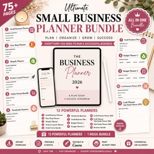 Könnte beinhalten: Ein digitales Small Business Planner Bundle mit über 75 Seiten, einschließlich 13 Planern. Das Bundle enthält einen Business-Planer, Etsy-Shop-Planer, Shopify-Planer und mehr. Das Design ist rosa und weiß mit dem Text "Ultimate Small Business Planner Bundle".