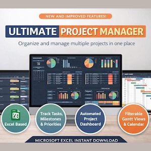 Könnte beinhalten: Werbung für ein Projektmanagement-Tool. Das Bild zeigt drei Bildschirme mit Projektdaten, mit dem Text "ULTIMATE PROJECT MANAGER" oben. Zu den Funktionen gehören Excel-basiertes Tracking, automatisierte Dashboards und filterbare Gantt-Ansichten.